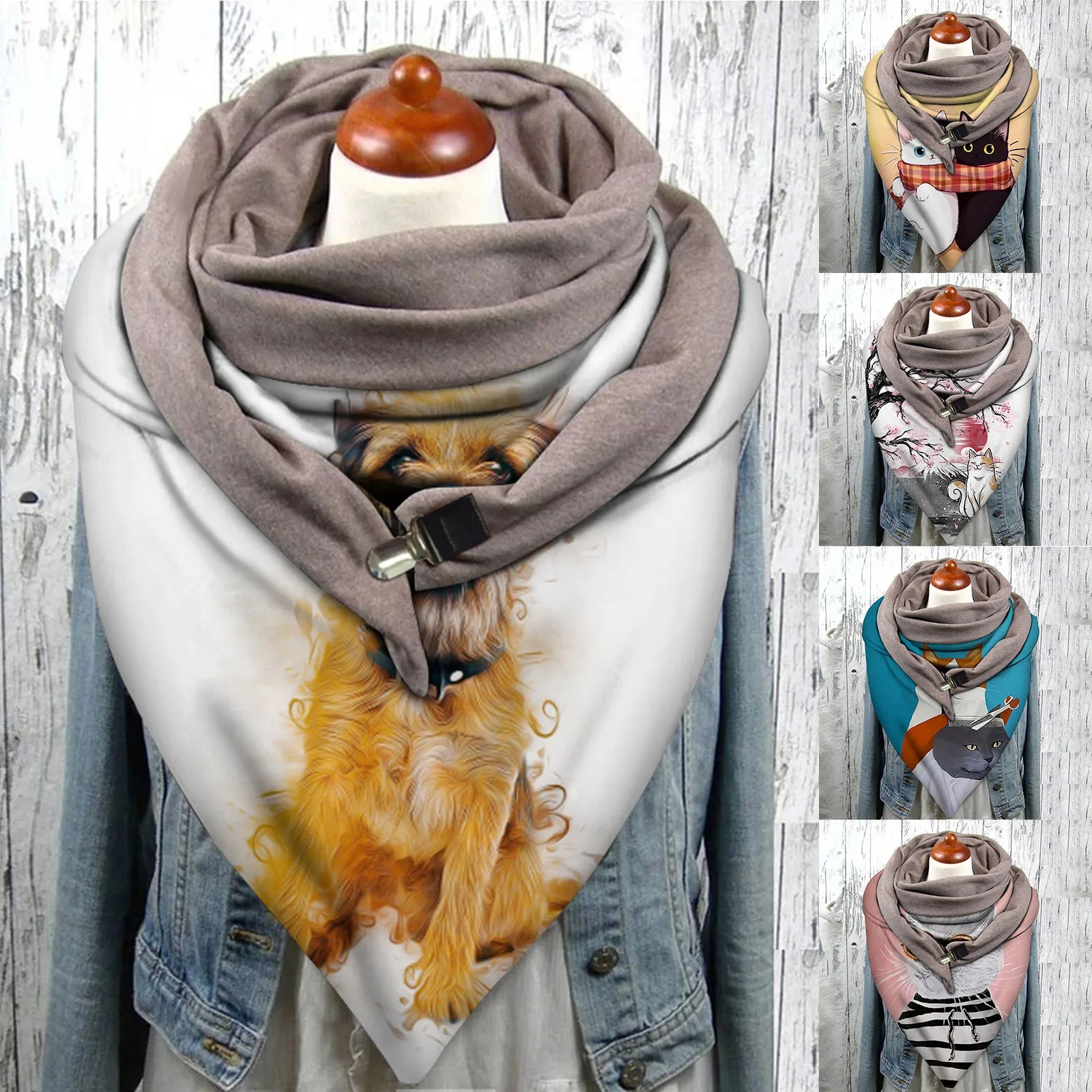 

2021 шарфы Универсальный шарф осень-зима теплый ветрозащитный двухслойный шарф с принтом кошки на пряжке нагрудник для книг