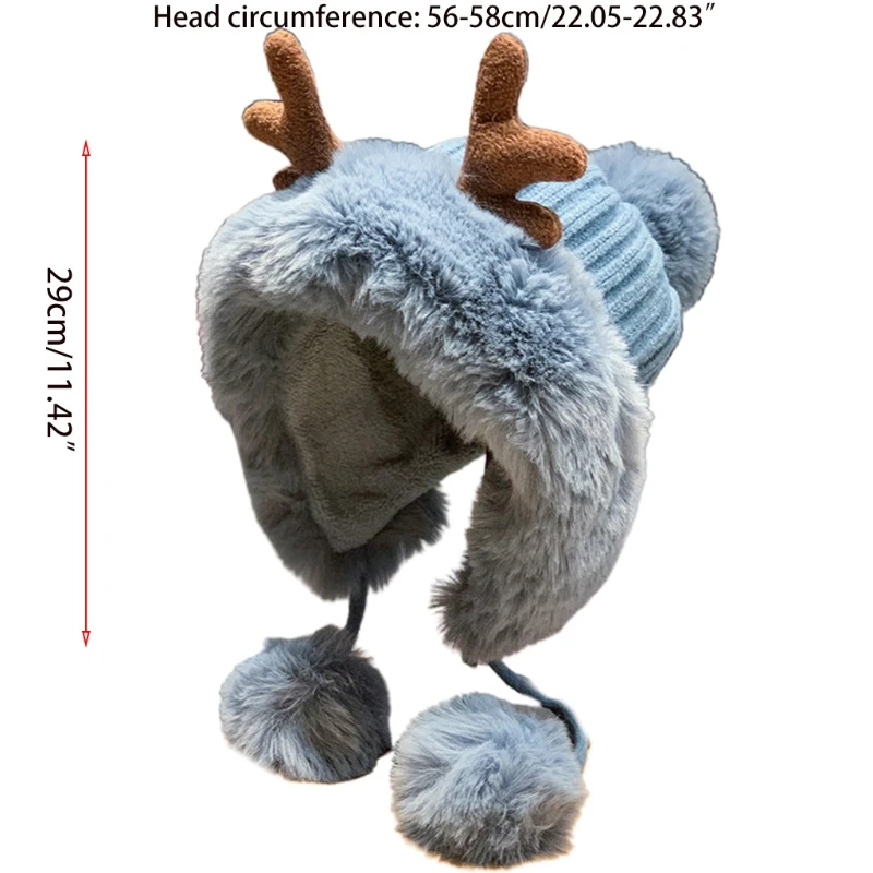 

Kawaii Antler Pom Hat Earflap Plush Outdoor Helmet Cap Beanie Winter Warm Xmas Gift for Wife Girlfriend Daughter Sister