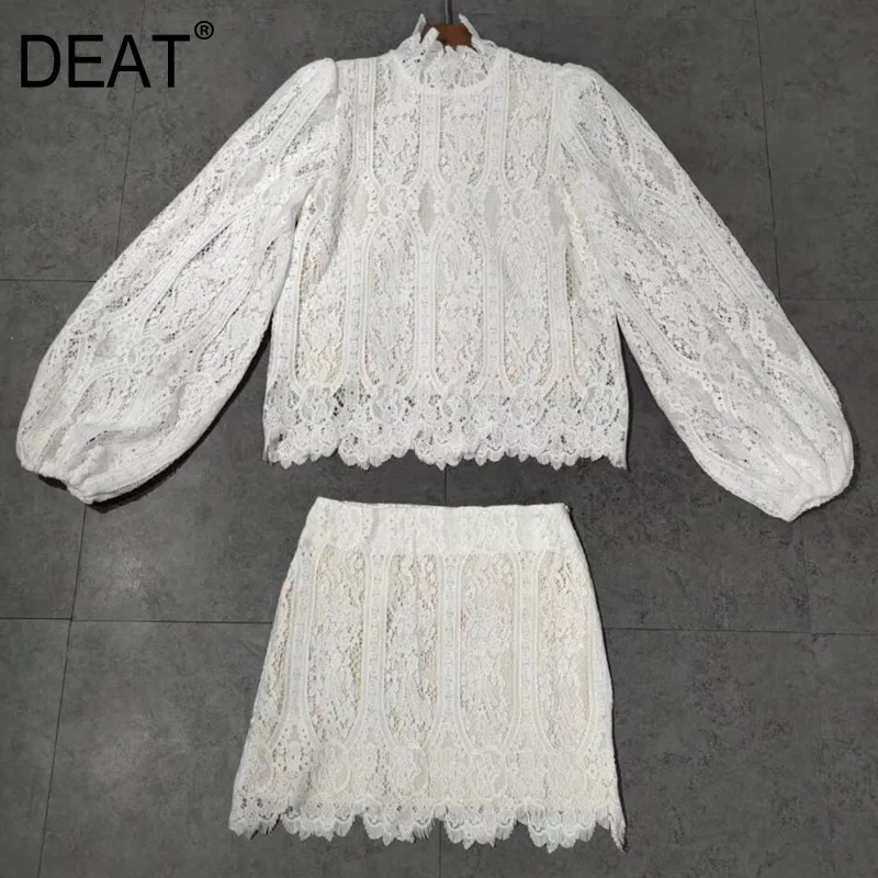 

DEAT 2021 new summer fashion women clothes stand collar lantern sleeves lace hollow out shirt and mini skirt set WN38400L