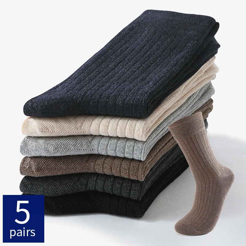 5 Pairs Cotton Man Socks Stripe Long Socks Men Warm Winter Sock Ankle Male Solid Color Business Calcetines Hombre Medias