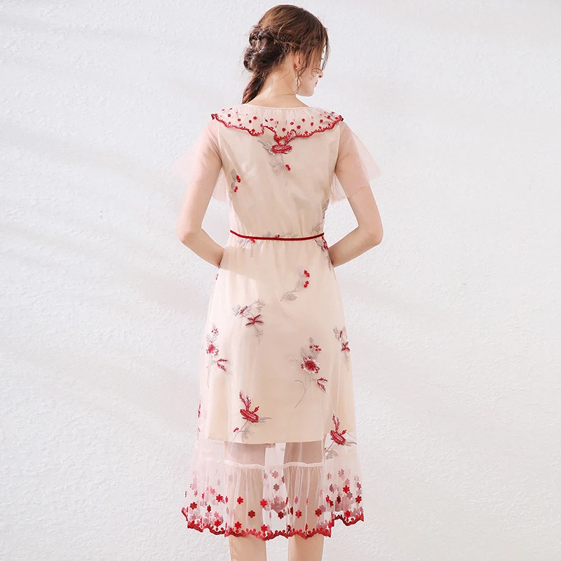 

Young Gee French Sweet Lace Up Dress Women Chic Elegant Square Neck Flare Sleeve Romantic Streetwear Floral Embroidery Dresses