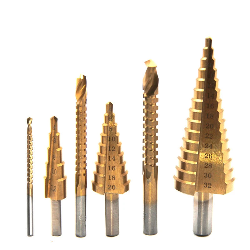 

6Pcs HSS Steel Titanium Step Drill Bit Set 4-12/20/32mm Metal Hole Cutter Wood Cone Core Drilling Hole Saw Tool+3,6,8 Saw Drill