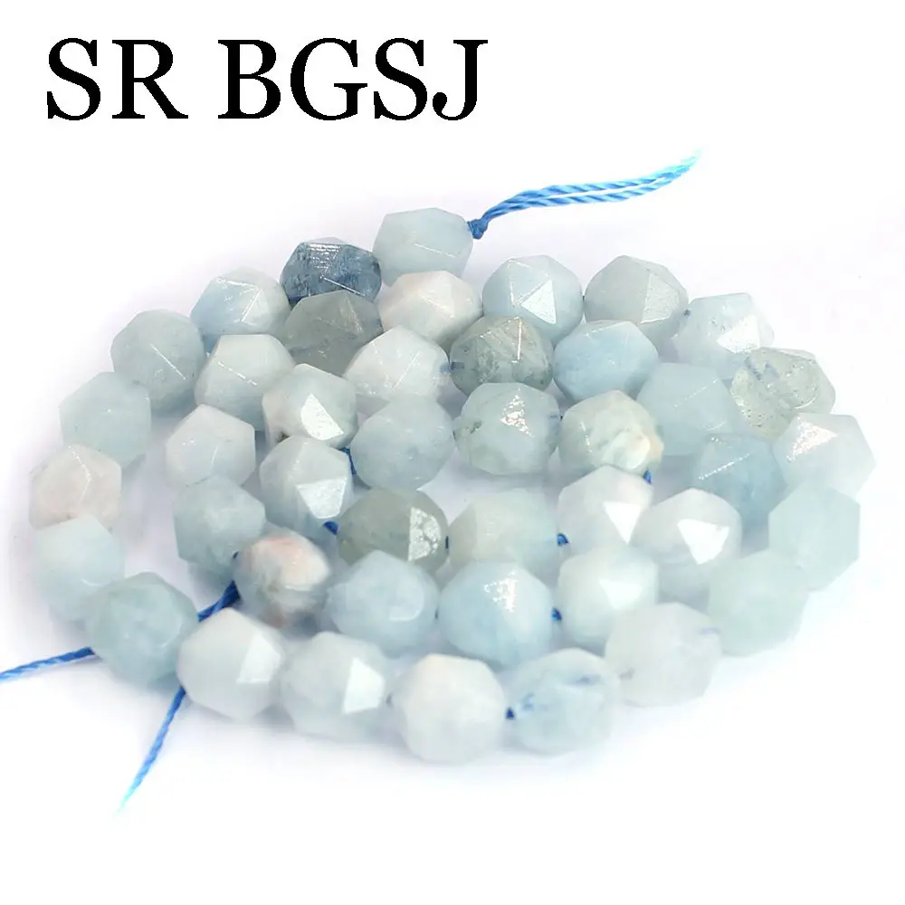 

Free Shipping 8mm Polygonal Faceted Round Blue Aquamarine Gems Genuine Stone Loose Jewelry Making Beads Strand 15"
