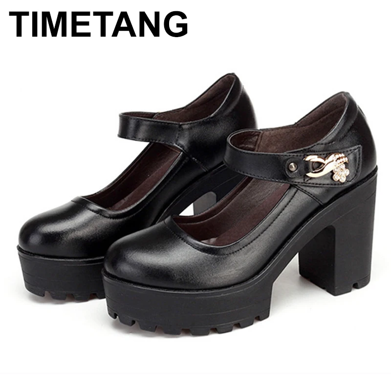 

TIMETANGQuality 2019 Ankle Strap Woman Shoes High Heels Thick Square Heel Genuine Leather Office Work Shoes Women Pumps Platform