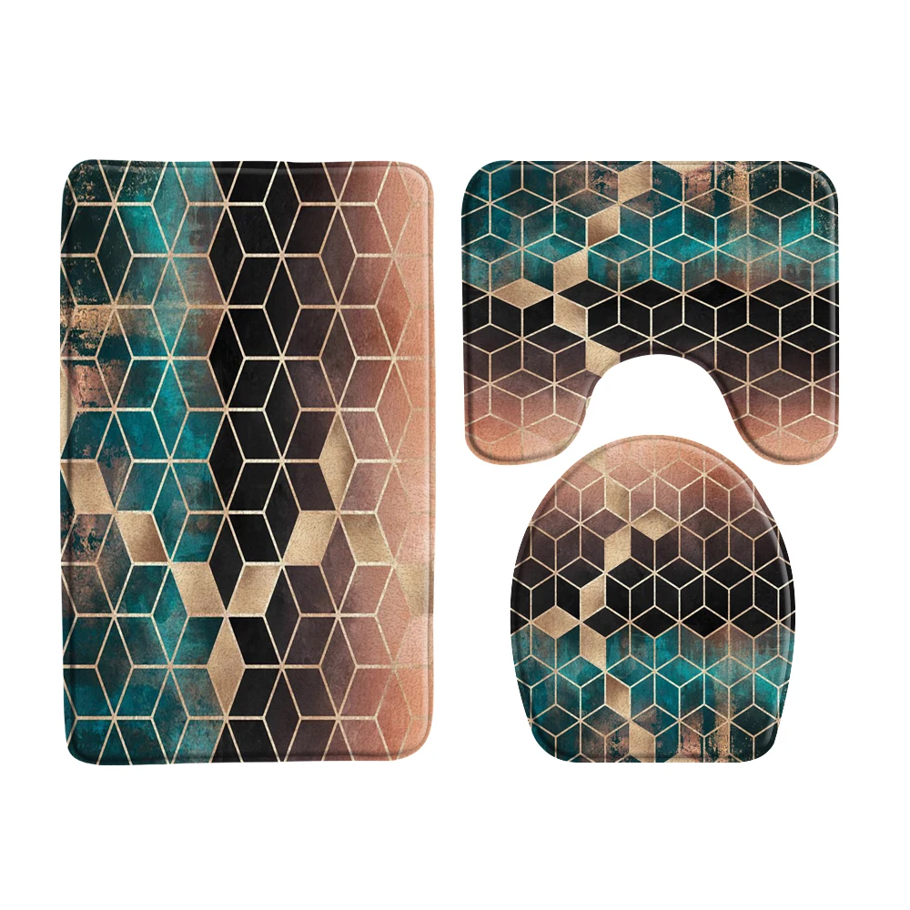 

3Pcs Set Europe modern Marble Geometric Pattern Entry Doormats Bathroom Non-Slip Bath Mats Flannel Carpet Toilet Seat Cover Rug