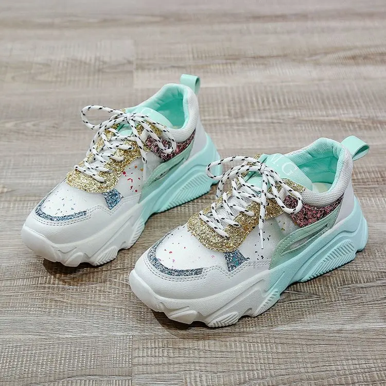 

2021 Women Sports Sneaker Spring Lady Casual Chunky Female Running Fashion Shoes lace up Brand Med Soles Breathable Bling 35-42