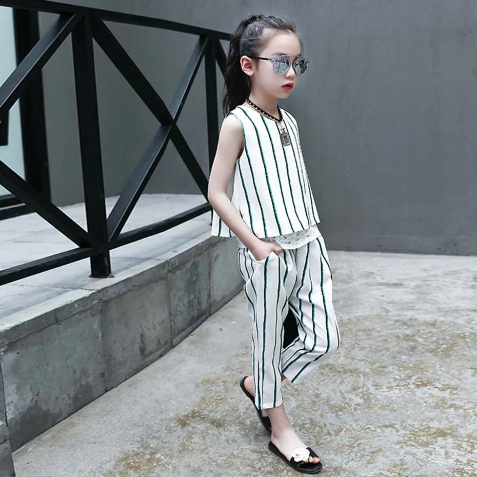 Одежда для подростков полосатый жилет + штаны комплект из 2 предметов девочек