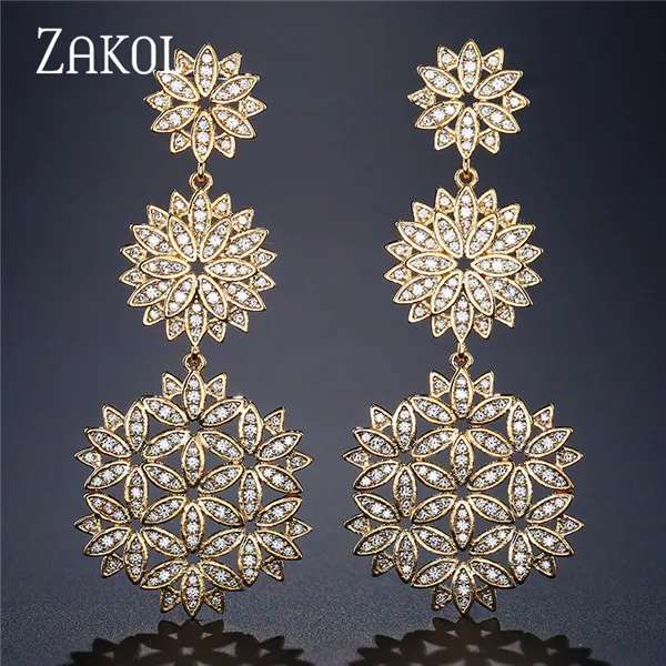 Gold Color ZAKOL, роскошные серьги-капли с цирконием, с микро покрытием, с большим цветком, модные длинные висячие серьги для невест, свадебные ювелирные изделия, FSEP2137 - Окраска металла: Gold Color