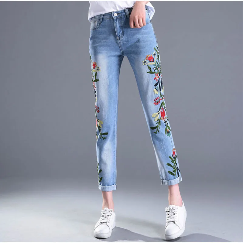 Летние джинсы с цветочной вышивкой длиной до щиколотки Женский светильник синие