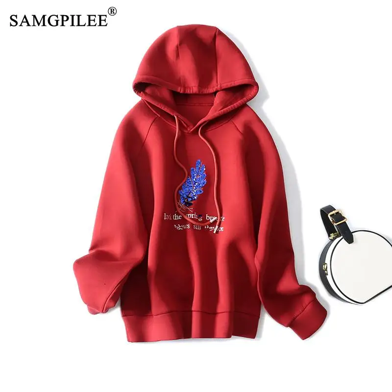 

Autumn Embroidered Pattern Sequined Hooded Sweater Women Loose Pullover 2021 Autumn Long-sleeved Spring Space Cotton Tops 4XL