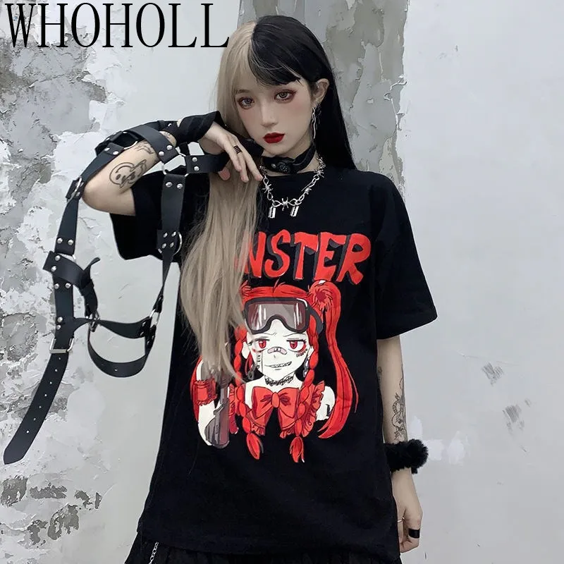 

WHOHOLL Women Gothic Cartoon Girl Print T-shirt Punk Harajuku Women Graffiti Short Sleeve Hip Hop Tshirts 2021 Summer top