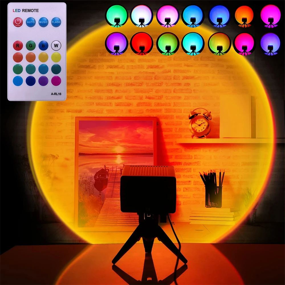 

Remote Control 16color Sunset Lamp Led Rainbow Sunset Projection Light for Bedroom Background Wall Atmosphere Decor Nightlight