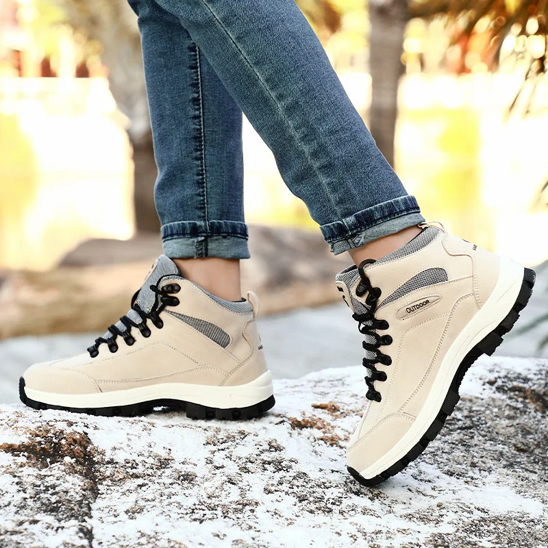 

Men Hiking Boots Snow Boot Lace and Velvet Thickening Lightweight PU Round Non Slip Waterproof Men and Women Casual Boots Work