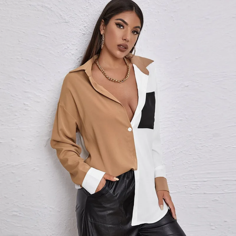 

Women Fahsion Top Patchwork Woman Tshirts Loose Waist Polo Shirts Vintage Chiffon Long Sleeve TeeS Blusas Mujer De Moda 2022