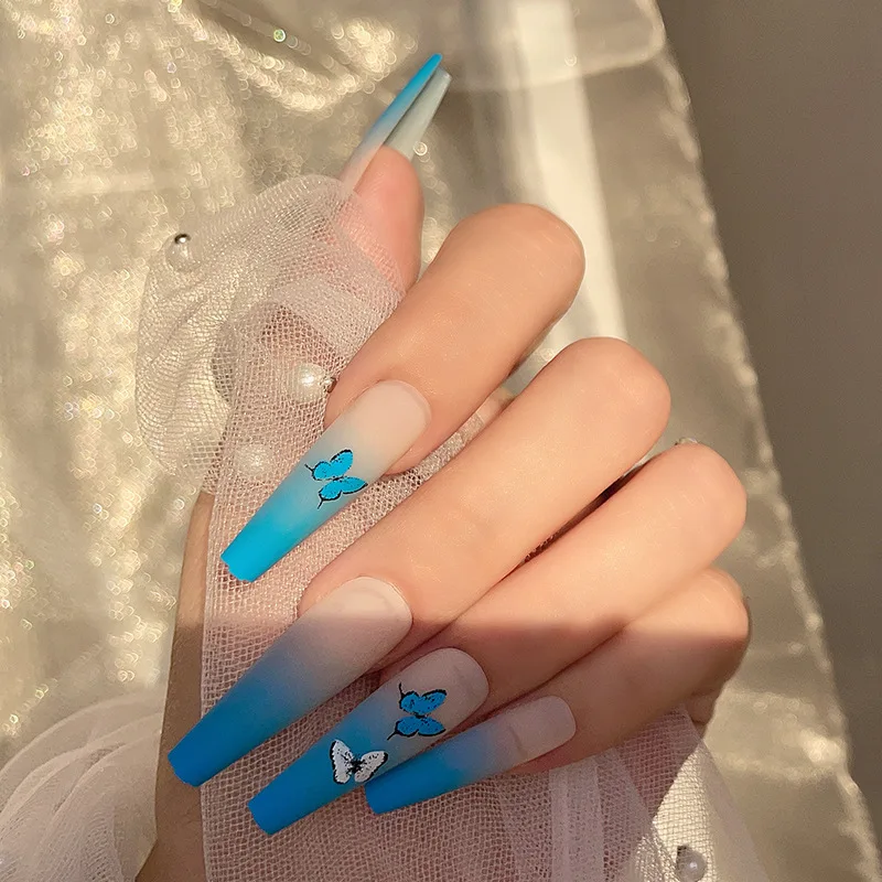 24PCS Blue Butterfly Press On Nails Long Square Head Fake Removable Wearable Artificial Salon DIY Art WD | Красота и здоровье