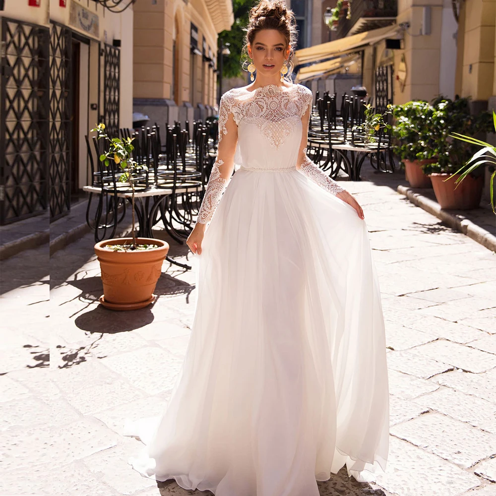 Романтическое богемное пляжное свадебное платье 2019 кружевное с длинным рукавом