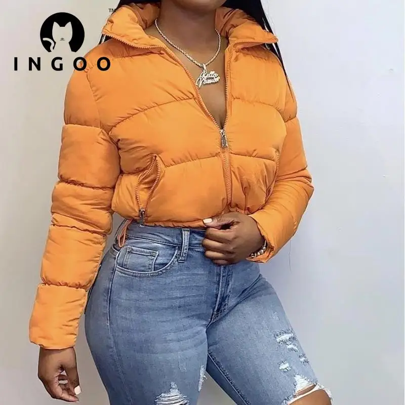 INGOO Winter Parkas Coat Women 2021 Fashion Warm Bubble Short Puffer Coat Casual Zipper Up Jacket Solid Cropped Tops Outerwear