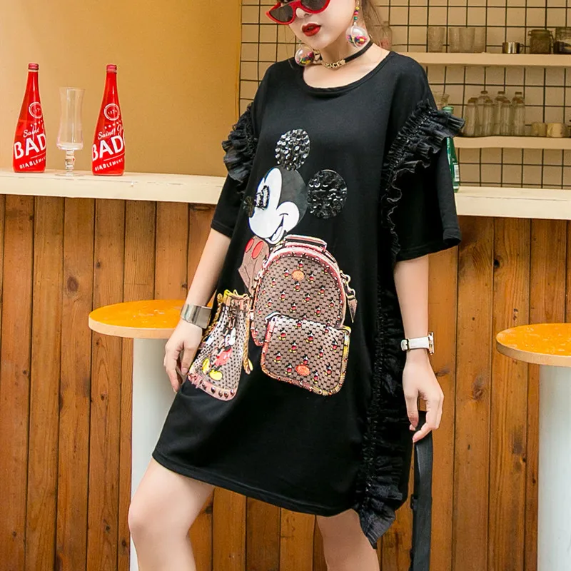 

DISNEY Mickey mouse women 2020 summer new cartoon sequins stitching fungus loose fashion short-sleeved mid-length t-shirt