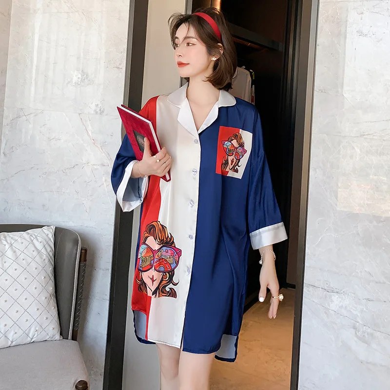 

Cartoon Shirt Pajamas Womens V-Neck Nightgown Ice Silk Summer Sleepwear Turn-down Collar V Neck Sleepshirts Dress Homewear