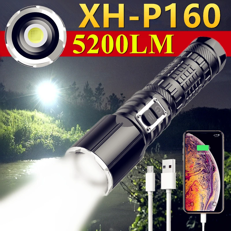 

XHP160 Most Powerful LED Flashlight Torch USB Rechargeable Tactical Flash Light 26650 Waterproof Zoomable Outdoor Hand Lamp