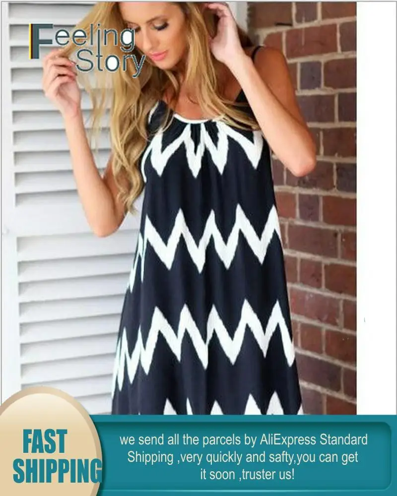 Шифон волны печати платье в полоску без рукавов Boho Chic женские летние платья