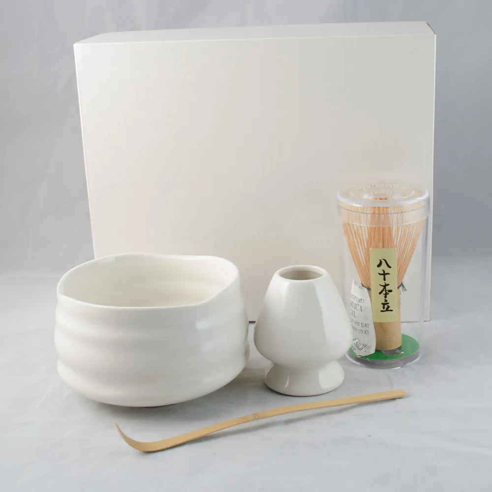 

Super 4in1 White Giftset of Matcha Green Tea Tools Porcelain Matcha Bowl Handmade Japanese Bamboo Chasen Whisk Holder and Scoop