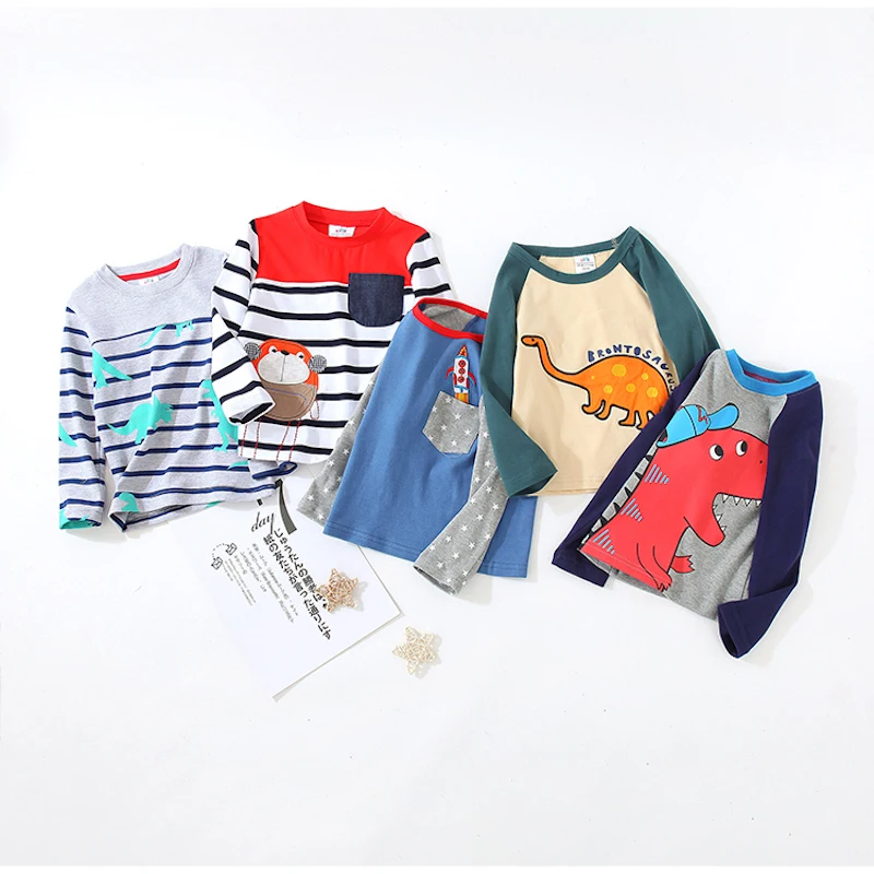 2022 Spring Autumn For 2-8 9 10 Years Children Cotton Striped Color Patchwork Cartoon Animal Baby Kids Boys Long Sleeve T-Shirts