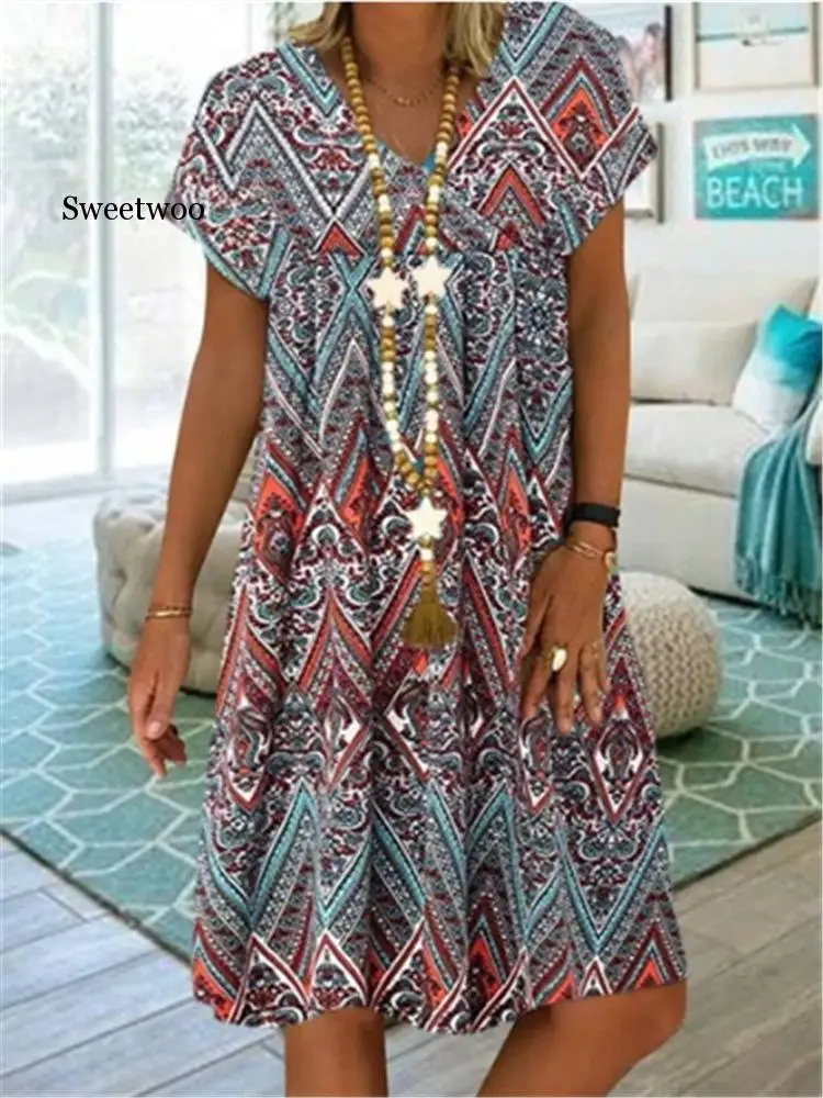 

Large size loose women's dress 2020 summer dress casual printing V-neck short sleeve dress women