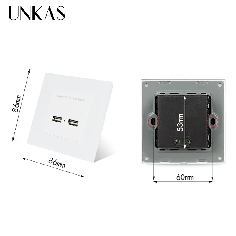 UNKAS PC Plastic Panel UK Standard Wall Power Socket Electrical Outlet Dual USB Smart Charging Port 5V 2A Output | Обустройство дома
