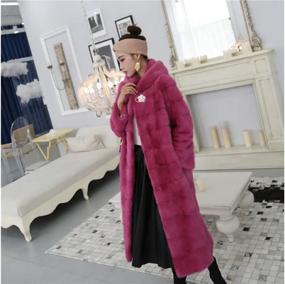 rose red Женское длинное пальто из натурального меха норки с капюшоном и длинными рукавами, зимняя Толстая теплая женская Норковая Меховая куртка больших размеров - Цвет: rose red