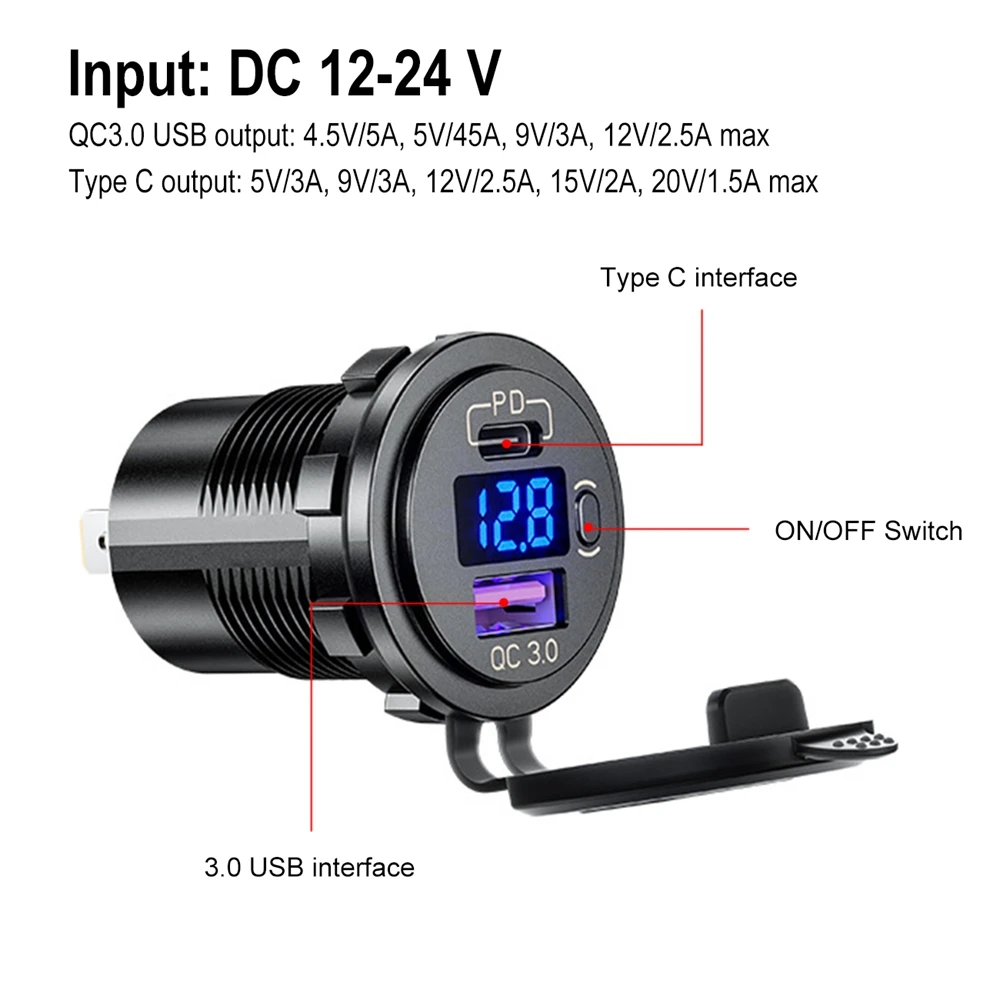 

USB Car Charger Fast Charging Socket 12V 24V Type C PD QC3.0 Power Outlets with Voltmeter ON OFF Switch for Truck Motorcycles