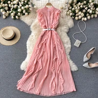 2021 new summer women beach holiday dress sweet ruffles pleated hem solid color chiffon long dress send the belt