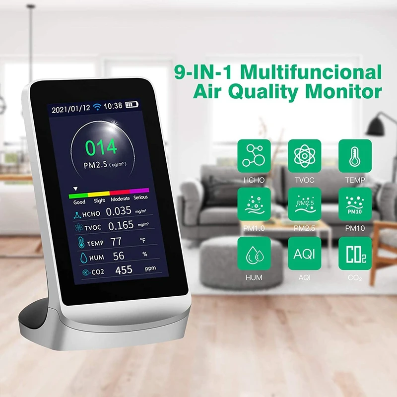 

WiFi Air Quality Monitor, Multifunctional for Formaldehyde(HCHO) TVOC CO2 PM2.5/PM10/PM1.0 Temperature Humidity Tester