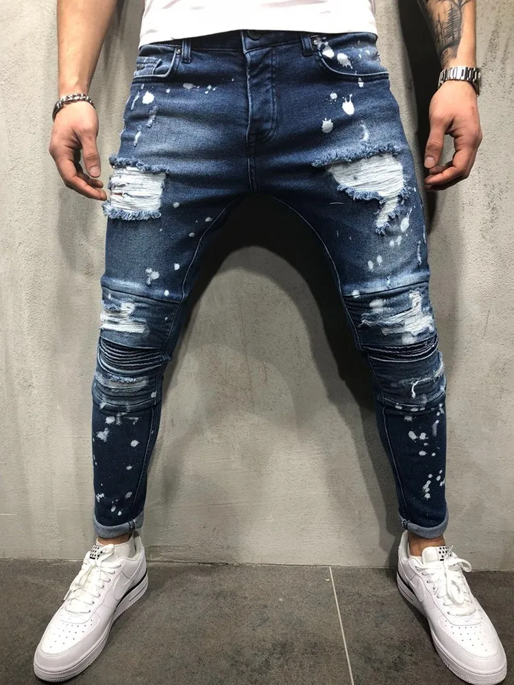

Men Stretchy Ripped Skinny Biker Cartoon Print Jeans Destroyed Hole Slim Fit Denim High Quality Hip Hop Jogging Pencil Pants