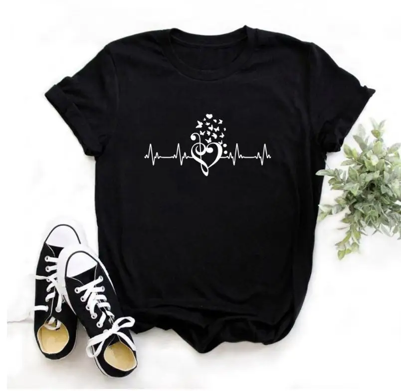

Electrocardiogram Heart Print T Shirt Women Short Sleeve O Neck Loose Tshirt 2021 Summer Fashion Women Tee Shirt Tops Mujer