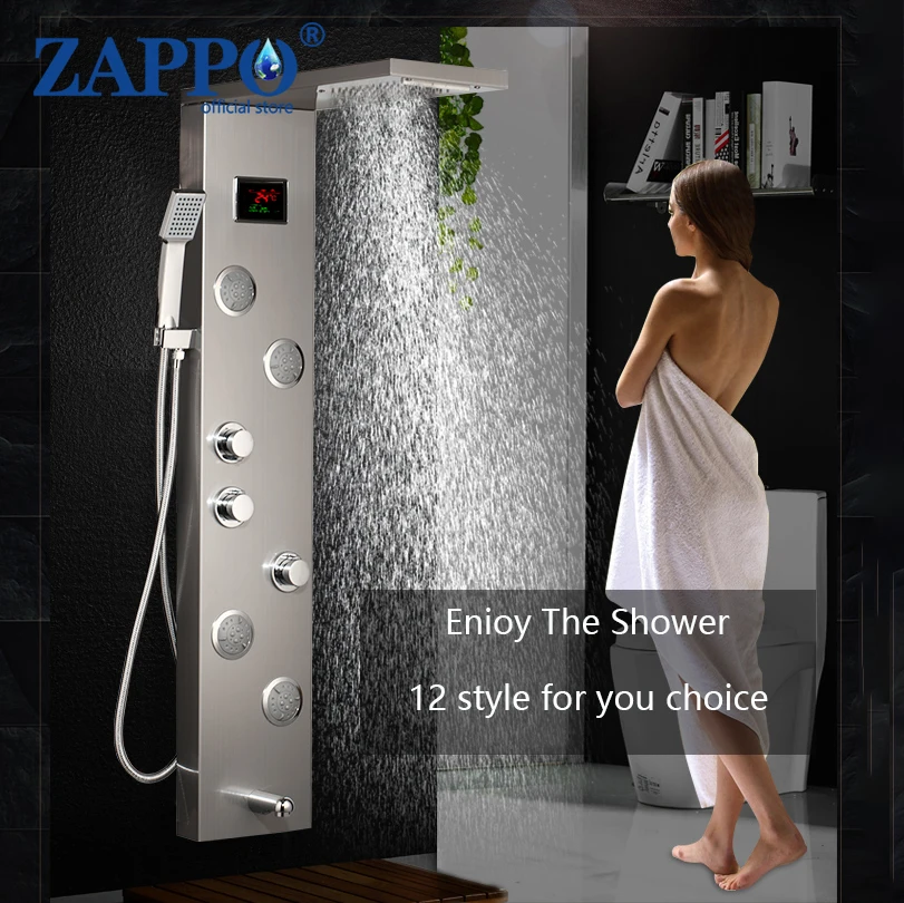 ZAPPO Luxury Black/Brush Bathroom LED Shower Panel Tower System Wall Mount Mixer Tap Hand Shower SPA Massage Temperature Screen
