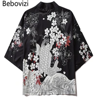 bebovizi harajuku cherry blossoms koi kimono japanese traditional clothes for men women loose robe streetwear cardigan haori obi