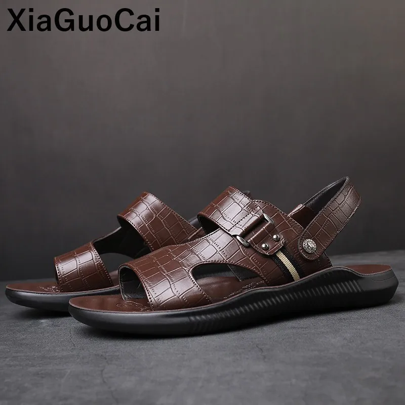 

Summer Men Casual Slippers Sandals Two Uses Outdoor Beach Shoes Crocodile Leather Flip Flops Buckle Strap Non-slip Slides Newest