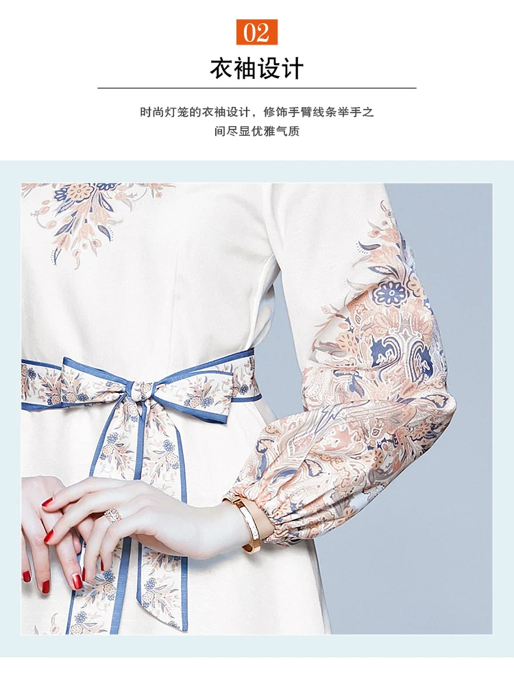 

Hollow Out O-Neck Lantern Sleeve Belt Maxi Dress 2020 Autumn Runway Elegant Dress Women Long Sleeve Flower Print Long Dress