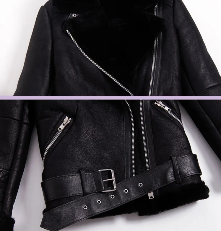 new 2022 winter lovers designer leather genuine sheepskin leather motorcycle jacket couple wool fleece lined coat black xxl