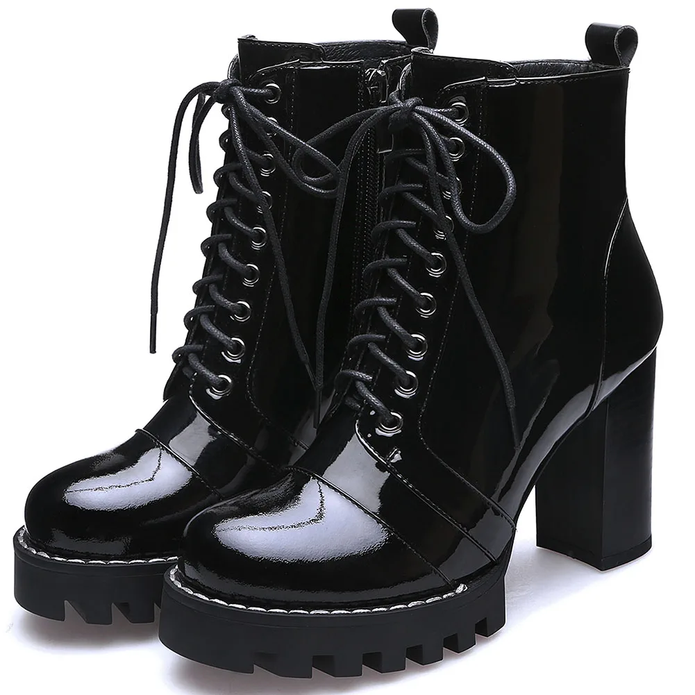 

DORATASIA Classic Luxury Brand Design Patent Leather Ankle Boots High Heels Boots Women Cool lace-up Platform Shoes Woman