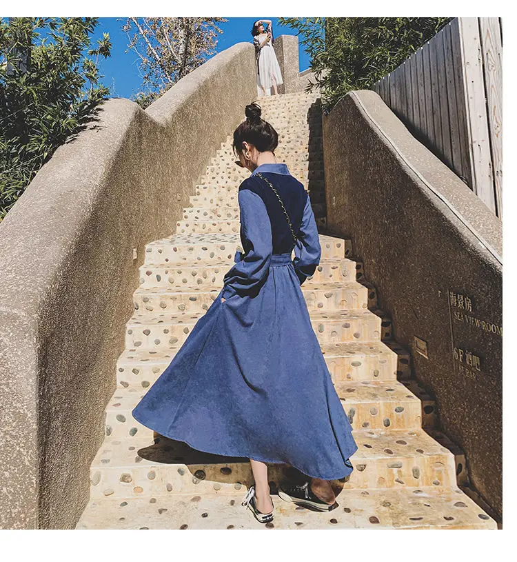 

2021 New Spring And Autumn Long-Sleeved Shirt Dress Blue French Retro Female Temperament Hepburn Platycodon