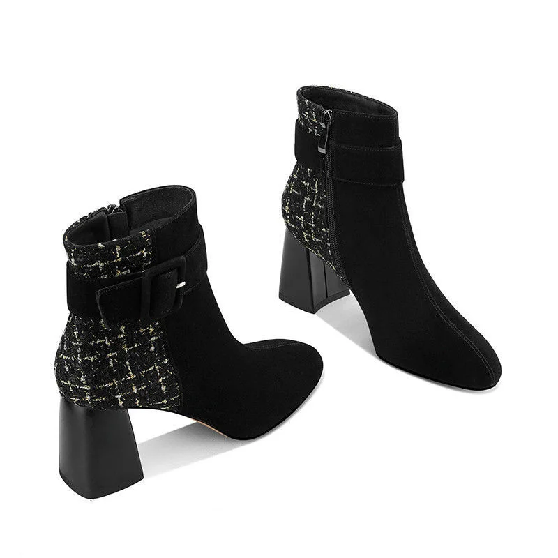 

Women's Pointed Toe Ankle High Thick Heel Boots Knitting PU Leather Concise Lady's Large Size Martin Booties Fall Winter Dating