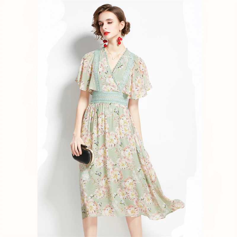 

Fairy Dress Women Summer Clothes Floral Printing Chiffon Dresses Capa Sleeve V-Neck Dress Lady Elegant A-Line Dresses Robe Femme