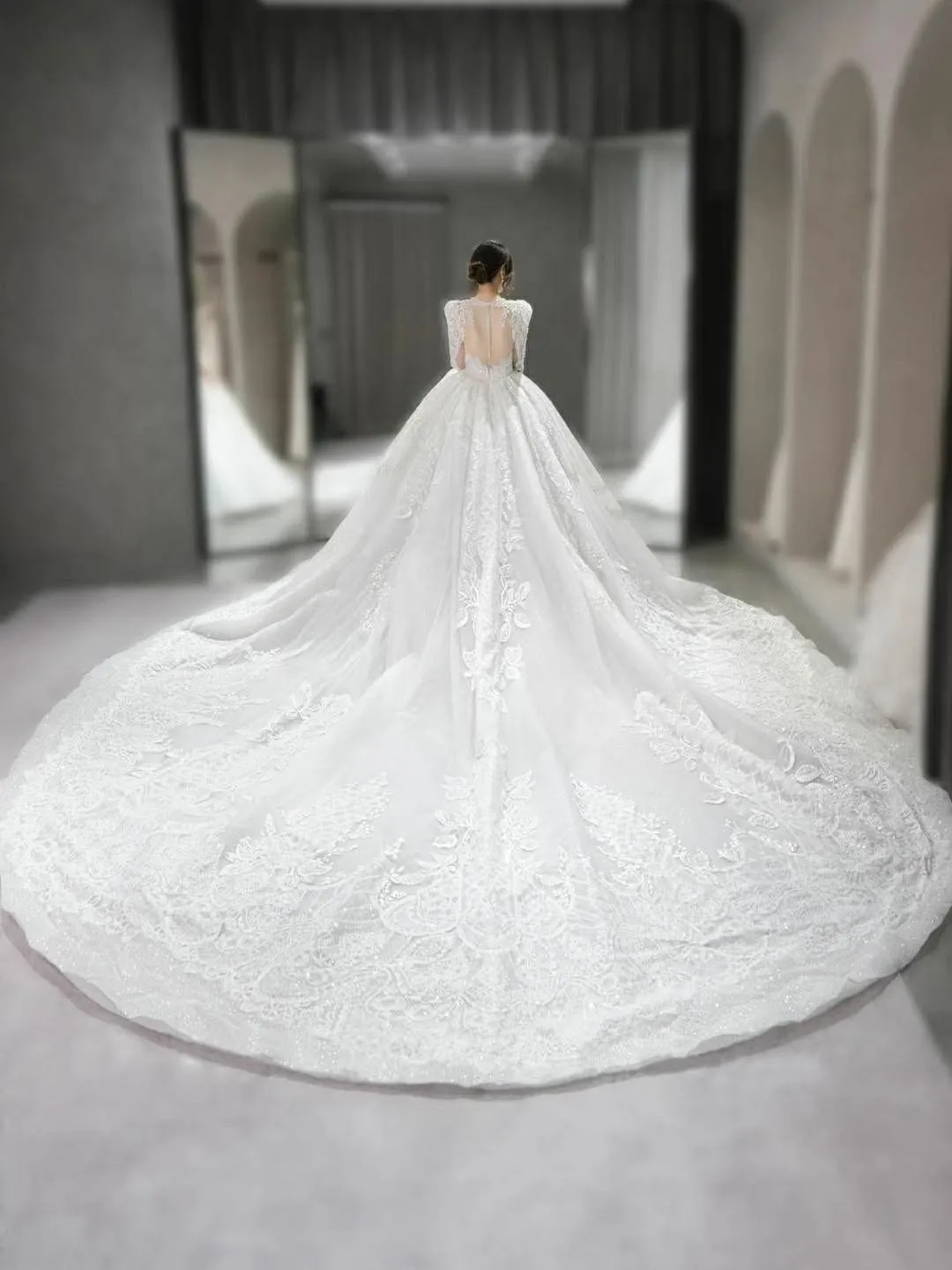 

Luxury Lace Ball Gown Wedding Dresses Long Sleeves Beaded Appliques Jewel Neck Long Train Wedding Bridal Gowns Custom Made