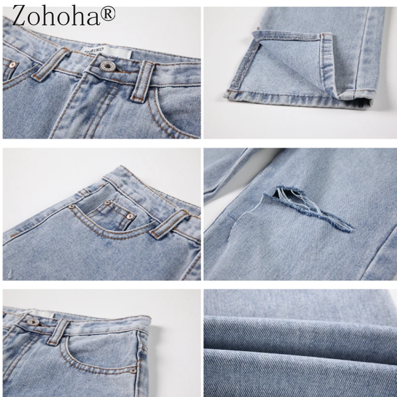 

Zohoha 2021 Summer Ripped High Waist Hole Jeans New Easing Show Thin Straight Wide-legged Pants Leg Open Fork Womens Jeans