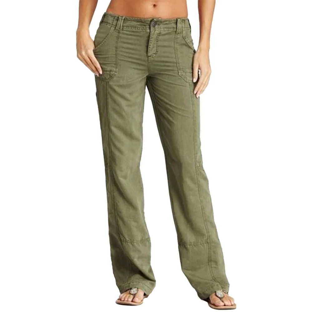 

Solid Color Fashion Women Pocket Workwear Pant Classic Slim Fit Streetwear Female Straight Trousers Buttons Wide Leg Cargo Pants