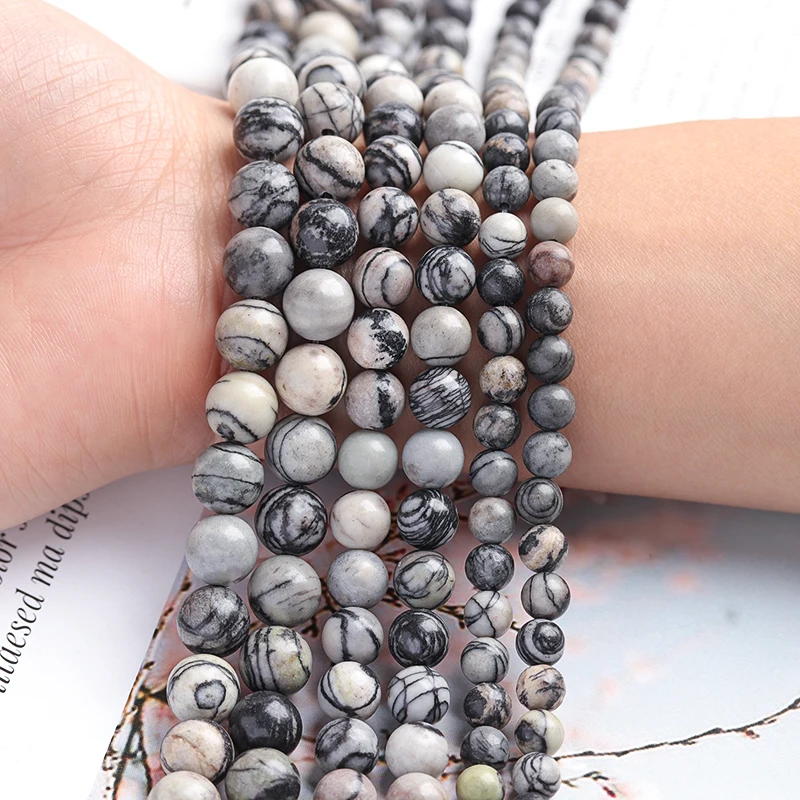 

7A Grade Natural Stone Black Network Stone Round Loose Beads 4mm-12mm for Jewelry Making Wholesale Jewelry Halloween Jewelry