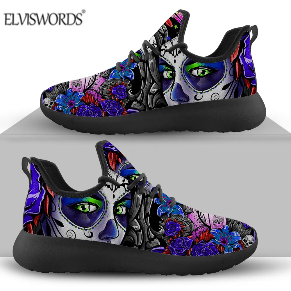 

ELVISWORDS Men's Shoes Casual Breathable Sneakers Sugar Skull Prints Mesh Knit Sneakers Men Running Shoes 2021 Comfortable Shoes