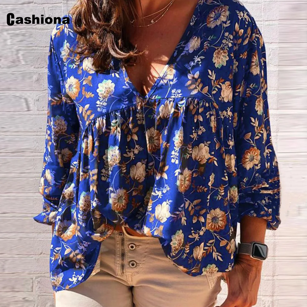 

Plus size 5xl Women Elegant Leisure Casual T-shirt Model V-neck Bohemian Flower Print Loose Women's Top Autumn Tees shirt Femme